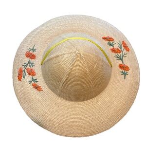 Vintage Floral Hand Embroidered Straw Sun Hat Conical Crown Boho Wide Brim 12.5